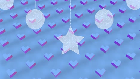 Animation-Von-Weihnachtskugeln-über-Formen-Auf-Blauem-Hintergrund