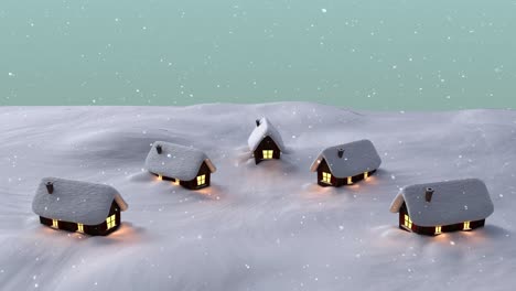 Animation-of-snow-falling-over-houses-on-winter-landscape-against-green-background-with-copy-space