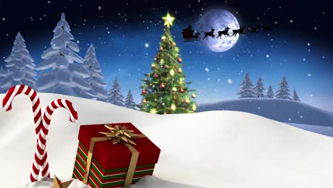 The-digital-animation-shows-a-red-christmas-gift-box,-candy-canes,-and-bauble-decorations-against-a-