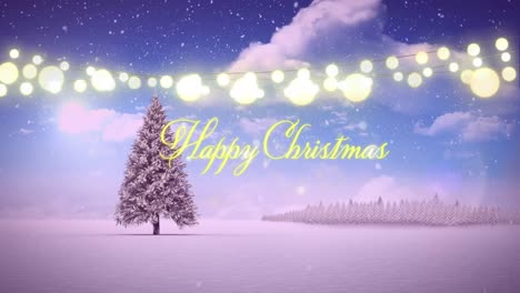 Animation-Von-Schneefall,-Glühbirnen-Und-Fröhlichem-Weihnachtstext-über-Bäumen-Vor-Bewölktem-Himmel