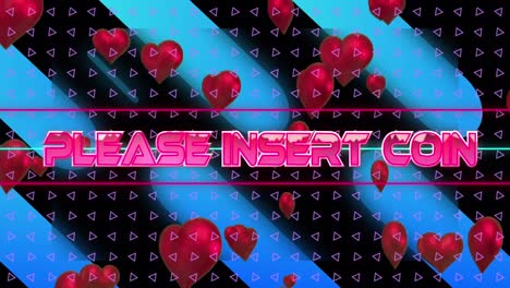 Animation-of-please-insert-coin-text-in-metallic-pink-over-neon-lines,-hearts-and-blue-shapes