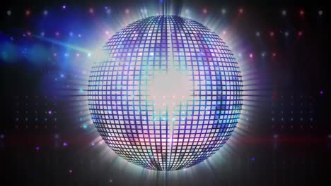 Animation-of-light-spots-over-spinning-shiny-disco-ball-against-blue-background