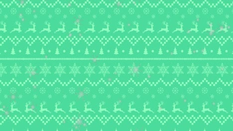 Animation-of-green-christmas-pattern-with-reindeer-and-snow