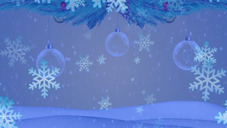 Animation-of-snowflakes-over-christmas-tree-with-baubles-on-blue-background