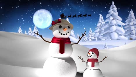 Animation-of-snow-falling-over-snowmen-with-santa-claus-in-sleigh-and-winter-landscape