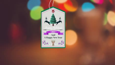 Animation-of-christmas-greeting-text-on-tag-over-christmas-decorations