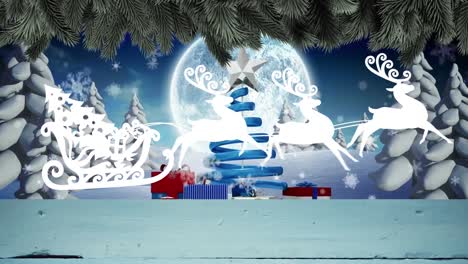 Animation-of-snow-falling-over-sleigh-with-reindeer-and-winter-landscape