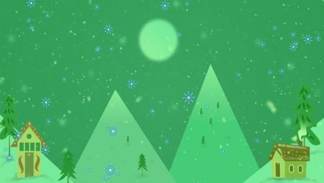 Animation-of-snow-falling-over-winter-landscape-on-green-background