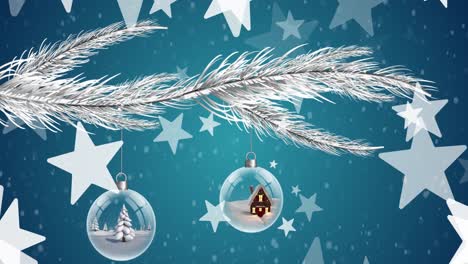 Animation-of-christmas-bubbles-and-stars-with-snow-falling-on-blue-background