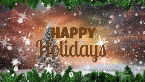 Animation-of-snowflakes-over-happy-holidays-text-banner-and-white-christmas-tree-on-winter-landscape