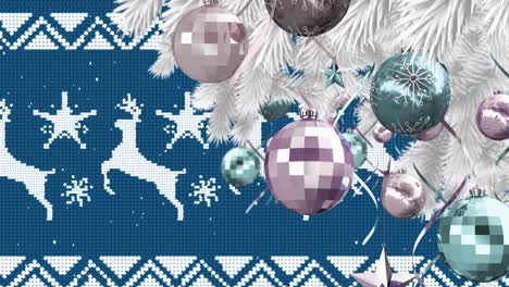Animation-of-christmas-trees-over-shapes-on-blue-background