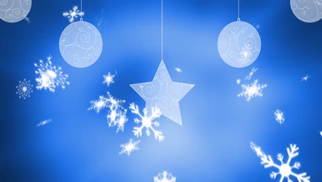 Animation-of-hanging-baubles-and-star-over-falling-snowflakes-against-blue-background