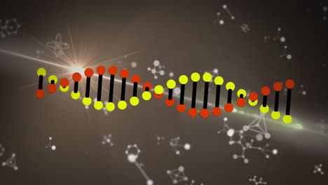 Animation-Von-DNA-über-Molekülen-Und-Licht,-Das-Sich-Auf-Dunklem-Hintergrund-Bewegt