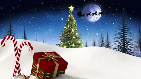 Animation-of-snow-falling-over-christmas-tree-and-gifts-icons-on-winter-landscape-against-night-sky