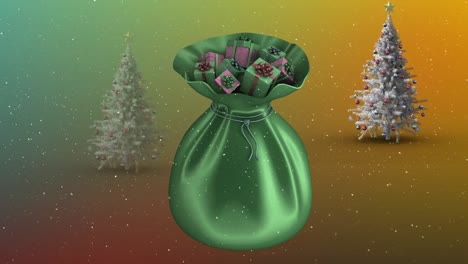 Animation-of-snow-falling-over-green-sack-with-presents,-christmas-trees-and-decorations