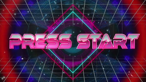 Animation-of-press-start-text-banner-over-neon-shapes-in-seamless-pattern-against-black-background