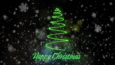 Animation-of-snow-falling-over-christmas-tree-with-happy-christmas-text-on-black-backrgound