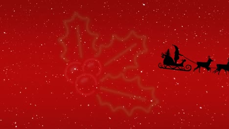Animation-Von-Neon-Efeu-Und-Weihnachtsmannschlitten-Auf-Rotem-Hintergrund-Mit-Schnee