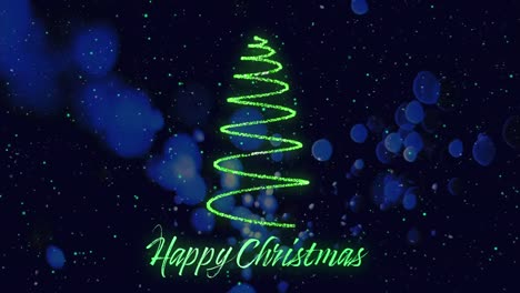 Animation-of-snow-falling-over-christmas-tree-with-happy-christmas-text-on-black-backrgound