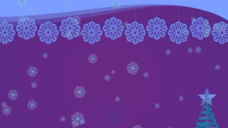 Animation-Von-Schneeflocken-über-Dem-Weihnachtsbaum-Mit-Kugeln-Auf-Violettem-Hintergrund
