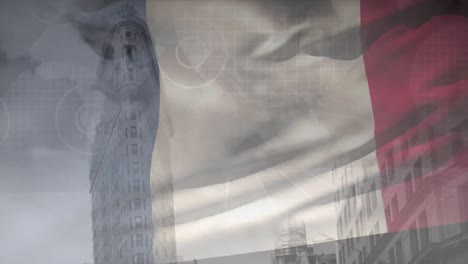 Animation-Der-Flagge-Frankreichs-über-Datenverarbeitung-Und-Stadtbild