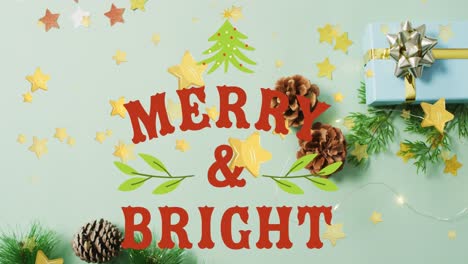 Animation-of-merry-and-bright-text-and-stars-over-presents-and-decorations