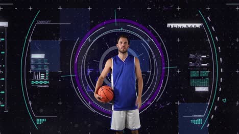 Animation-Des-Scope-Scannens-Und-Der-Datenverarbeitung-über-Einem-Kaukasischen-Basketballspieler
