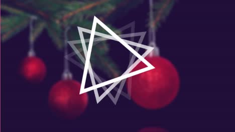 Animation-of-abstract-triangular-shape-spinning-over-close-up-of-decorated-christmas-tree