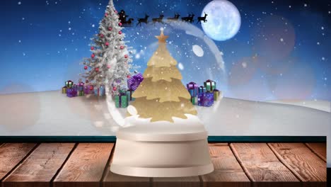 Animation-of-shooting-star,-snowball-with-christmas-tree,-santa-sleigh-and-winter-landscape