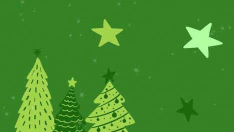 Animation-of-snow-falling-over-christmas-trees-on-green-background