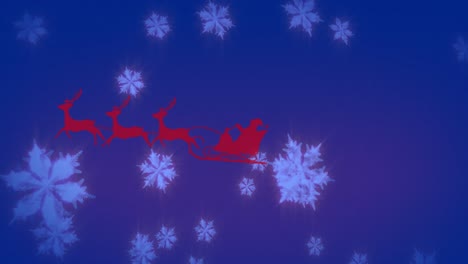 Animation-of-red-silhouette-of-santa-claus-in-sleigh-being-pulled-by-reindeers-and-snowflakes-icons
