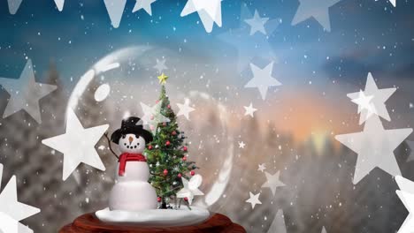 Animation-of-snow-and-stars-over-snow-globe-with-christmas-tree-and-snowman