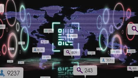 Animation-Von-Neon-QR-Code-Scannern-Und-Social-Media-Symbolen-Auf-Einer-Weltkarte-Auf-Schwarzem-Hintergrund