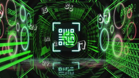 Animation-of-qr-code-and-data-processing-over-neon-tunnel