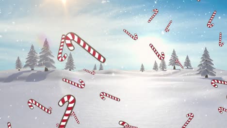 Animation-of-candy-cane-icons-and-snow-falling-over-trees-on-winter-landscape