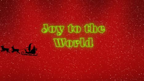 Animation-of-neon-joy-to-the-world-and-santa-sleigh-on-red-background-with-snow
