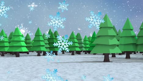 Animation-of-snow-and-snowflakes-over-winter-landscape-with-fir-trees