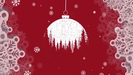 Animation-Von-Weihnachtsblase-Und-Schneeflocken-Auf-Rotem-Hintergrund