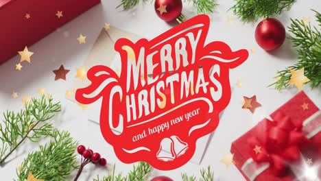 Animation-of-merry-christmas-and-happy-new-year-text-and-stars-over-presents-and-decorations
