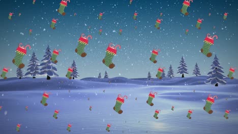 Animation-of-multiple-christmas-stocking-icons-and-snow-falling-over-trees-on-winter-landscape