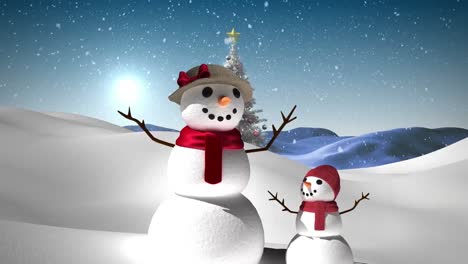 Animation-of-snow-falling-over-snowmen-with-christmas-tree-and-winter-landscape