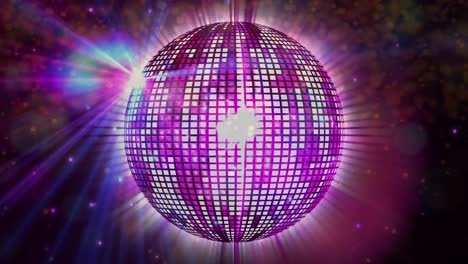 Animation-of-light-spots-over-spinning-purple-disco-ball-against-pink-background