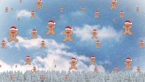 Animation-of-christmas-gingerbread-icons-in-seamless-pattern-and-snow-falling-over-winter-landscape