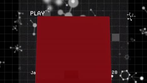 Animación-De-Cuadrado-Rojo-Sobre-Moléculas-Sobre-Fondo-Negro-Y-Vídeo-Antiguo