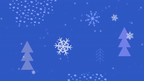 Animation-Von-Schneeflocken-über-Mehreren-Weihnachtsbaumsymbolen-Und-Abstrakten-Formen-Auf-Blauem-Hintergrund