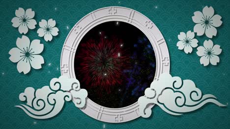 Animation-of-chinese-decorations-and-fireworks-on-green-background