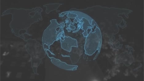 Animation-Des-Globus,-Der-Sich-über-Der-Weltkarte-Und-Dem-Stadtbild-Dreht
