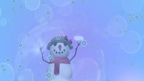 Animation-of-snowflake-icons-falling-over-snowwoman-icon-against-spots-of-light-on-blue-background