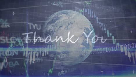 Animation-of-thank-you-text-banner-over-stock-market-data-processing-and-globe-on-grey-background