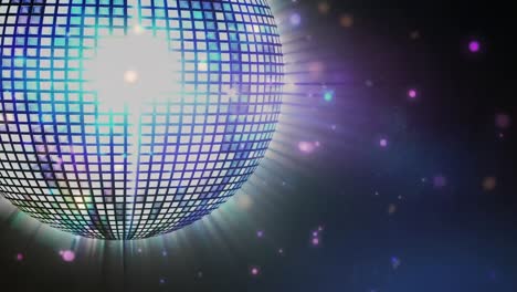 Animation-of-light-spots-over-spinning-shiny-disco-ball-against-blue-background
